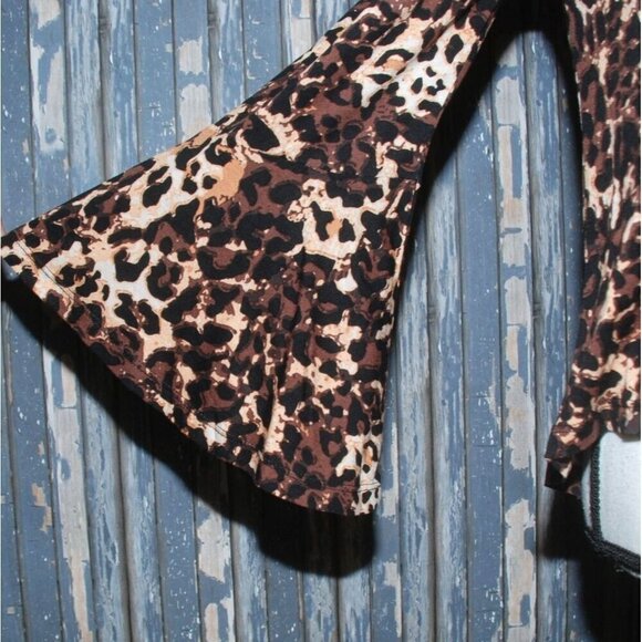 Lascana Ladies Brown Cheetah Print Blouse Top Size S 3/4 Bell Sleeves Animal Pri - Picture 7 of 9
